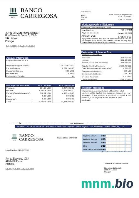 Portugalia Banco Carregosa wyciąg z kredytu hipotecznego w formatach Word i PDF